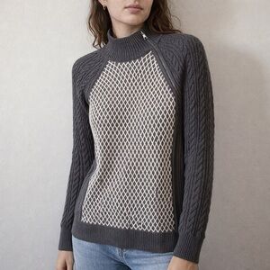 NILS Gray Ski Chalet Cable Knit Sweater Small Mock Neck Nordic Alpine Cozy